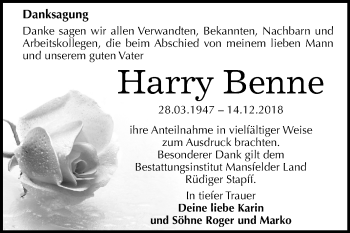 Traueranzeige von Harry Benne von Mitteldeutsche Zeitung Aschersleben