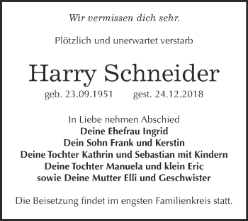 Traueranzeige von Harry Schneider von WVG - Wochenspiegel Wittenberg
