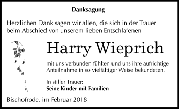 Traueranzeige von Harry Wieprich von Wochenspiegel Mansfelder Land
