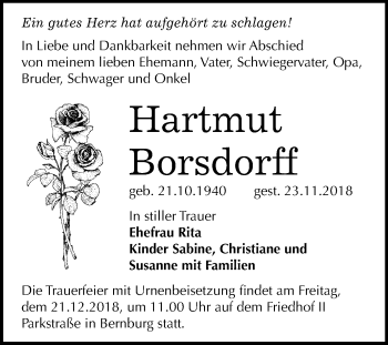 Traueranzeige von Hartmut Borsdorff von Mitteldeutsche Zeitung Bernburg