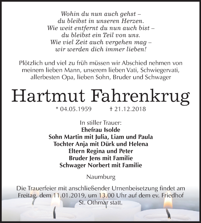  Traueranzeige für Hartmut Fahrenkrug vom 29.12.2018 aus Mitteldeutsche Zeitung Naumburg/Nebra