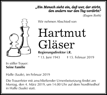Traueranzeige von Hartmut Gläser von Mitteldeutsche Zeitung Halle/Saalkreis