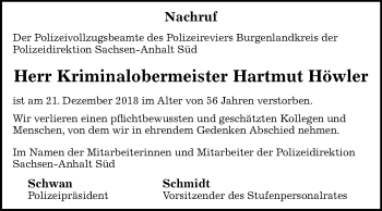 Traueranzeige von Hartmut Höwler von Mitteldeutsche Zeitung Halle/Saalkreis