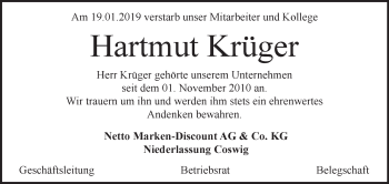 Traueranzeige von Hartmut Krüger von WVG - Wochenspiegel Halle