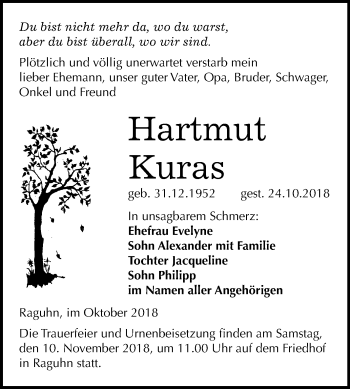 Traueranzeige von Hartmut Kuras von Mitteldeutsche Zeitung Bitterfeld