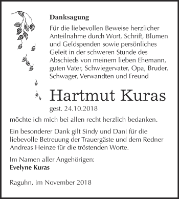 Traueranzeige von Hartmut Kuras von WVG - Wochenspiegel Bitterfeld