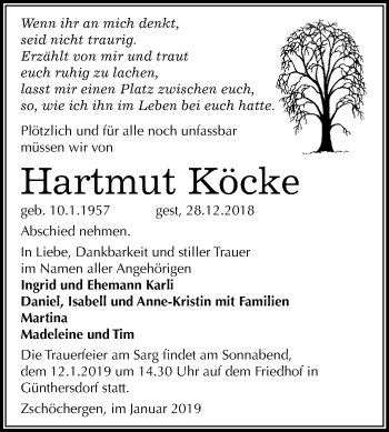 Traueranzeige von Hartmut Köcke von WVG - Wochenspiegel Merseburg