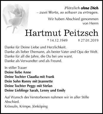 Traueranzeige von Hartmut Peitzsch von Mitteldeutsche Zeitung Weißenfels