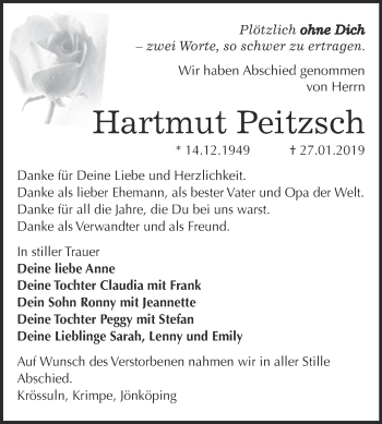 Traueranzeige von Hartmut Peitzsch von WVG - Wochenspiegel NMB / WSF / ZTZ