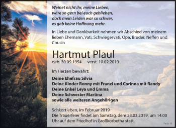 Traueranzeige von Hartmut Plaul von WVG - Wochenspiegel NMB / WSF / ZTZ