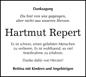 Traueranzeige von Hartmut Repert von Mitteldeutsche Zeitung Halle/Saalkreis