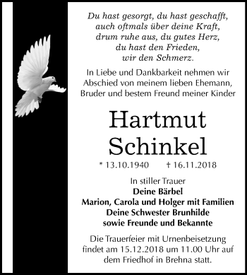 Traueranzeige von Hartmut Schinkel von Mitteldeutsche Zeitung Bitterfeld