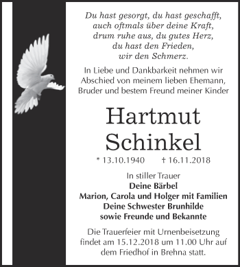 Traueranzeige von Hartmut Schinkel von WVG - Wochenspiegel Bitterfeld