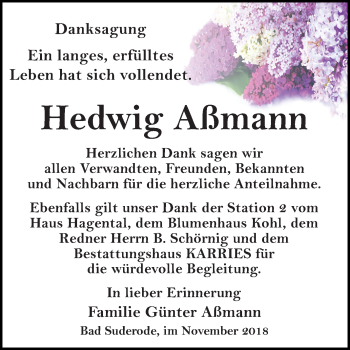 Traueranzeige von Hedwig Aßmann von Mitteldeutsche Zeitung Quedlinburg
