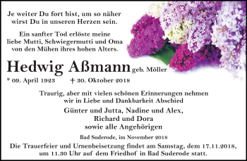 Traueranzeige von Hedwig Aßmann von Mitteldeutsche Zeitung Quedlinburg