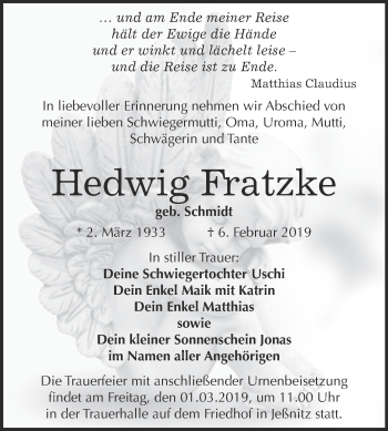 Traueranzeige von Hedwig Fratzke von WVG - Wochenspiegel Bitterfeld