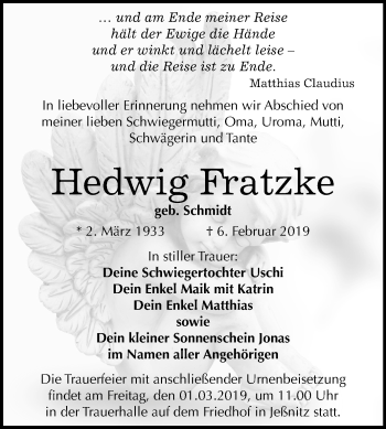 Traueranzeige von Hedwig Fratzke von Mitteldeutsche Zeitung Bitterfeld