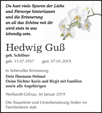 Traueranzeige von Hedwig Guß von WVG - Wochenspiegel Dessau / Köthen