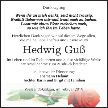 Traueranzeige von Hedwig Guß von WVG - Wochenspiegel Dessau / Köthen