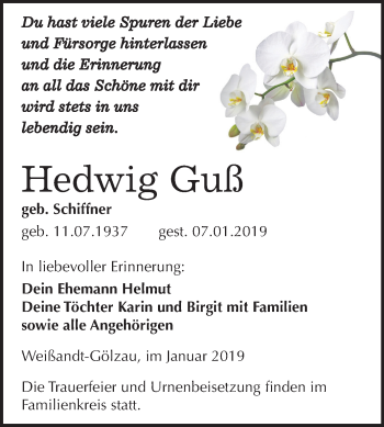 Traueranzeige von Hedwig Guß von Mitteldeutsche Zeitung Köthen