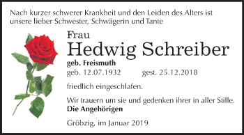 Traueranzeige von Hedwig Schreiber von Mitteldeutsche Zeitung Köthen