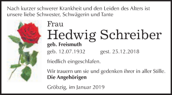 Traueranzeige von Hedwig Schreiber von WVG - Wochenspiegel Dessau / Köthen