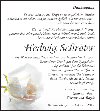 Traueranzeige von Hedwig Schröter von Mitteldeutsche Zeitung