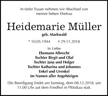 Traueranzeige von Heidemarie Müller von Mitteldeutsche Zeitung Bernburg