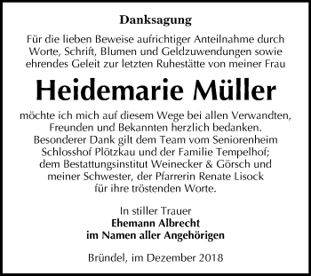 Traueranzeige von Heidemarie Müller von Mitteldeutsche Zeitung Bernburg