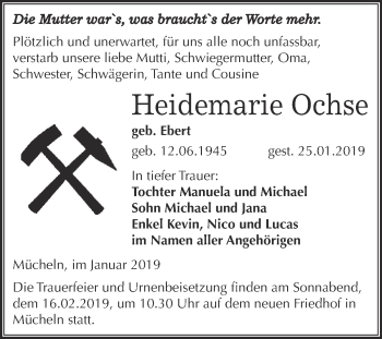 Traueranzeige von Heidemarie Ochse von WVG - Wochenspiegel Merseburg