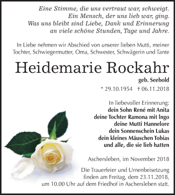 Traueranzeige von Heidemarie Rockahr von Mitteldeutsche Zeitung Aschersleben