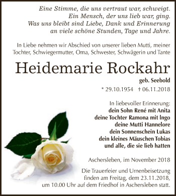 Traueranzeige von Heidemarie Rockahr von Super Sonntag Aschersleben