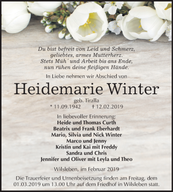 Traueranzeige von Heidemarie Winter von Mitteldeutsche Zeitung Aschersleben