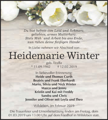 Traueranzeige von Heidemarie Winter von Super Sonntag Aschersleben