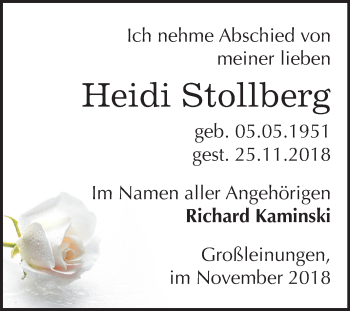 Traueranzeige von Heidi Stollberg von Mitteldeutsche Zeitung Sangerhausen