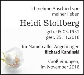 Traueranzeige von Heidi Stollberg von Super Sonntag SGH Mansf. Land