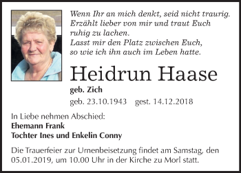 Traueranzeige von Heidrun Haase von Mitteldeutsche Zeitung Halle/Saalkreis