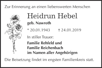 Traueranzeige von Heidrun Hebel von WVG - Wochenspiegel Bitterfeld