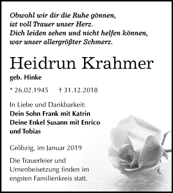 Traueranzeige von Heidrun Krahmer von Mitteldeutsche Zeitung Köthen