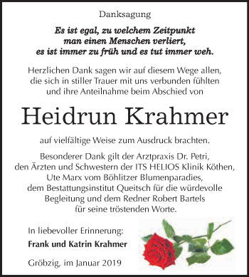 Traueranzeige von Heidrun Krahmer von WVG - Wochenspiegel Dessau / Köthen