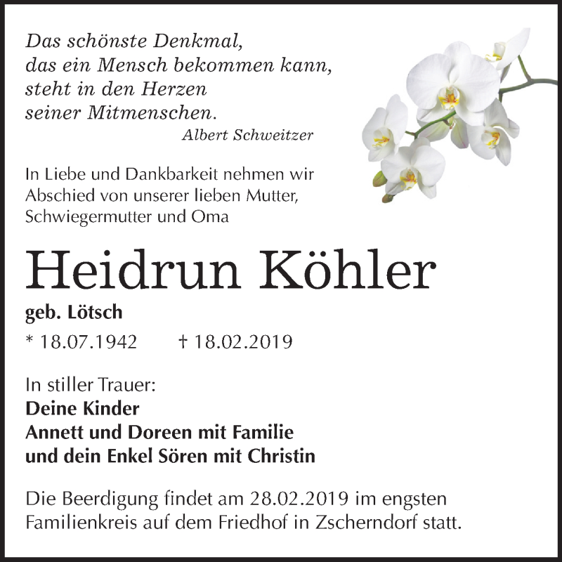  Traueranzeige für Heidrun Köhler vom 22.02.2019 aus Mitteldeutsche Zeitung Bitterfeld