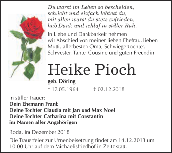 Traueranzeige von Heike Pioch von Super Sonntag Zeitz