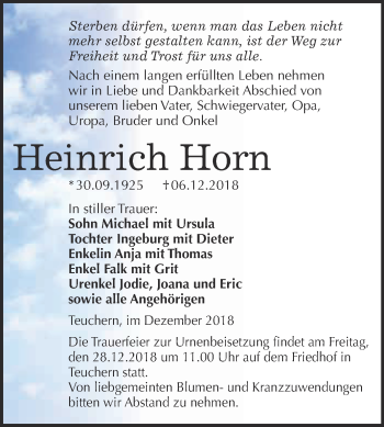 Traueranzeige von Heinrich Horn von WVG - Wochenspiegel NMB / WSF / ZTZ