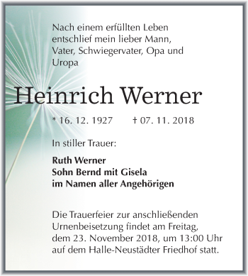 Traueranzeige von Heinrich Werner von Mitteldeutsche Zeitung Halle/Saalkreis