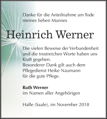 Traueranzeige von Heinrich Werner von Mitteldeutsche Zeitung Halle/Saalkreis