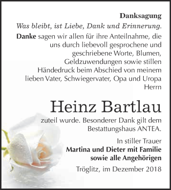 Traueranzeige von Heinz Bartlau von Super Sonntag Zeitz