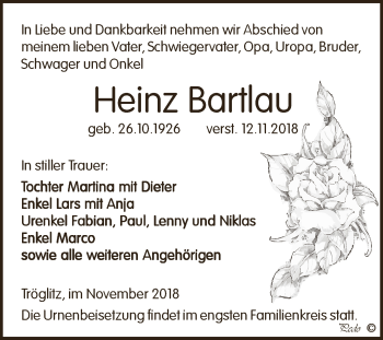 Traueranzeige von Heinz Bartlau von Super Sonntag Zeitz