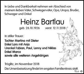 Traueranzeige von Heinz Bartlau von Mitteldeutsche Zeitung Zeitz