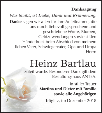 Traueranzeige von Heinz Bartlau von Mitteldeutsche Zeitung Zeitz