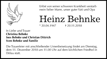 Traueranzeige von Heinz Behnke von Mitteldeutsche Zeitung Halle/Saalkreis
